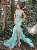 Luxury One Shoulder Tulle Overlay Mermaid Hem Floral Sequin Prom Dress - Elonnashop