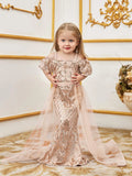 Young Girls' Sweetheart Collar Puff Sleeves Mesh Overlay Sequin Dress - Elonnashop