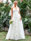 Floral Applique Mesh Cami Wedding Dress - Elonnashop