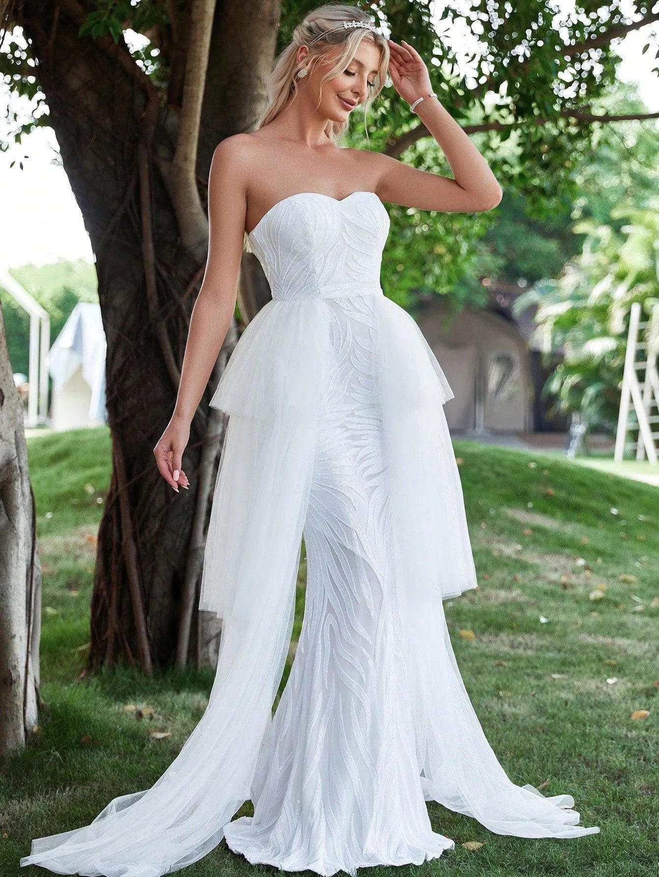 Contrast Mesh Mermaid Hem Sequin Tube Wedding Dress - Elonnashop