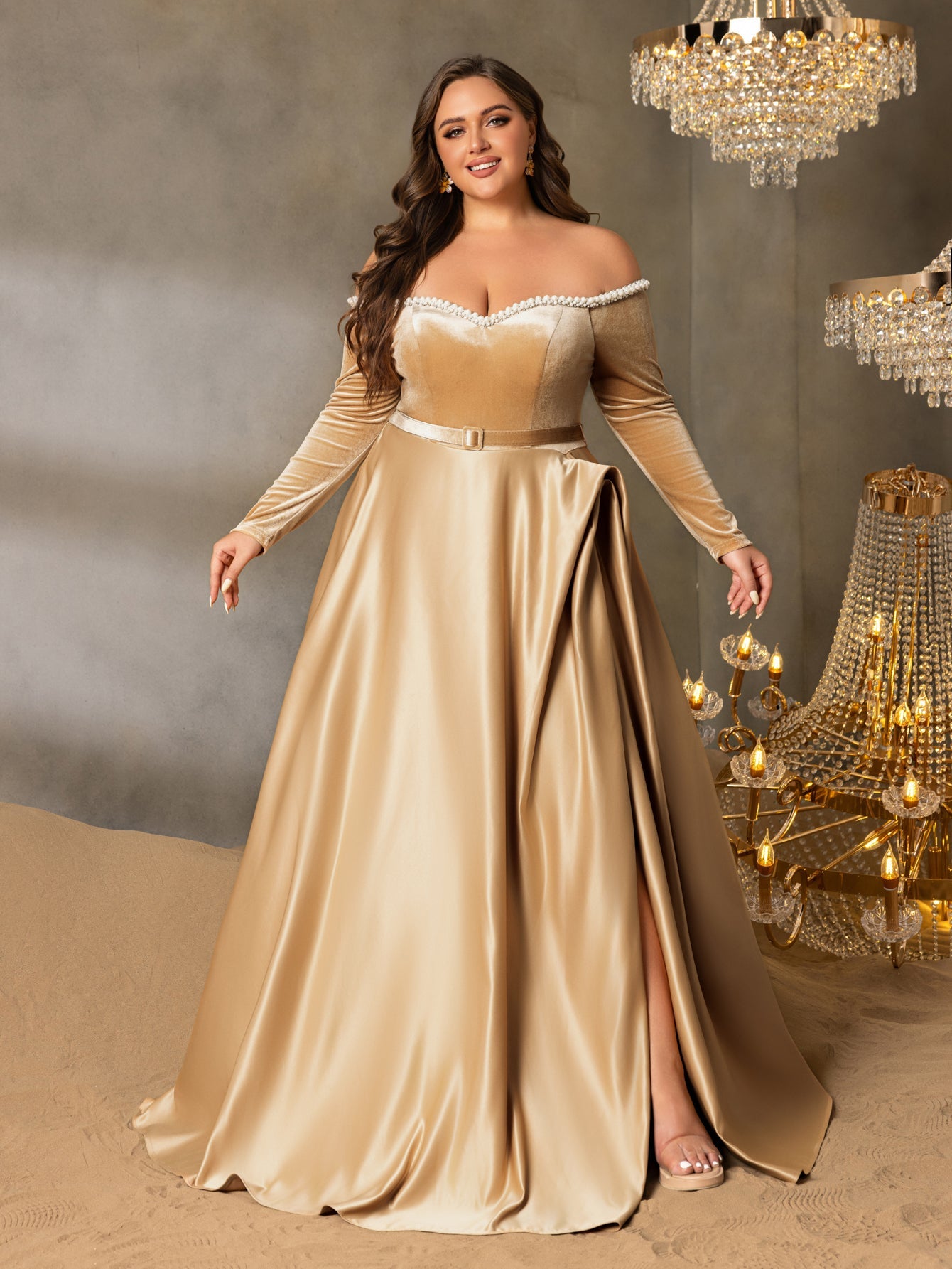 Plus Women's Pearl Accented Off-The-Shoulder Formal Gown | Long Sleeves | Defined Waist Belt | Full Flared Skirt