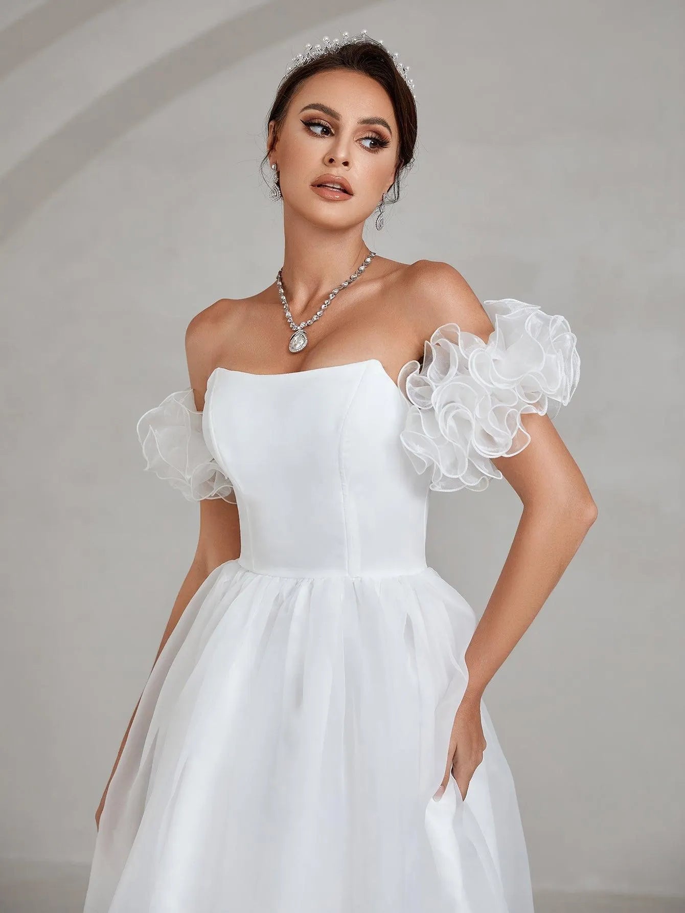 Ruffle Sleeve Organza Tube Wedding Dress - Elonnashop