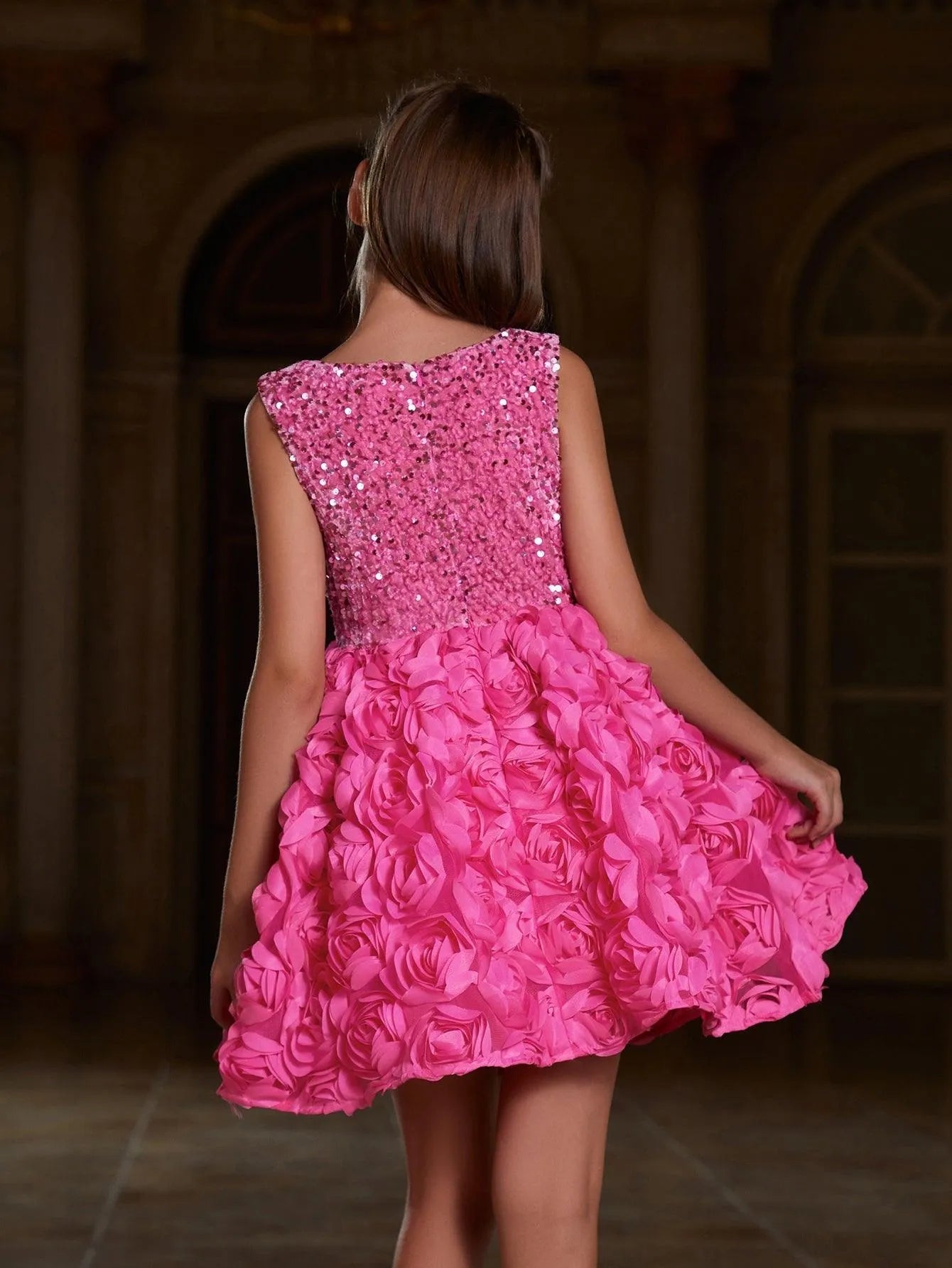 Tween Girls' Cute Applique Contrast Sequin Party Dress - Elonnashop