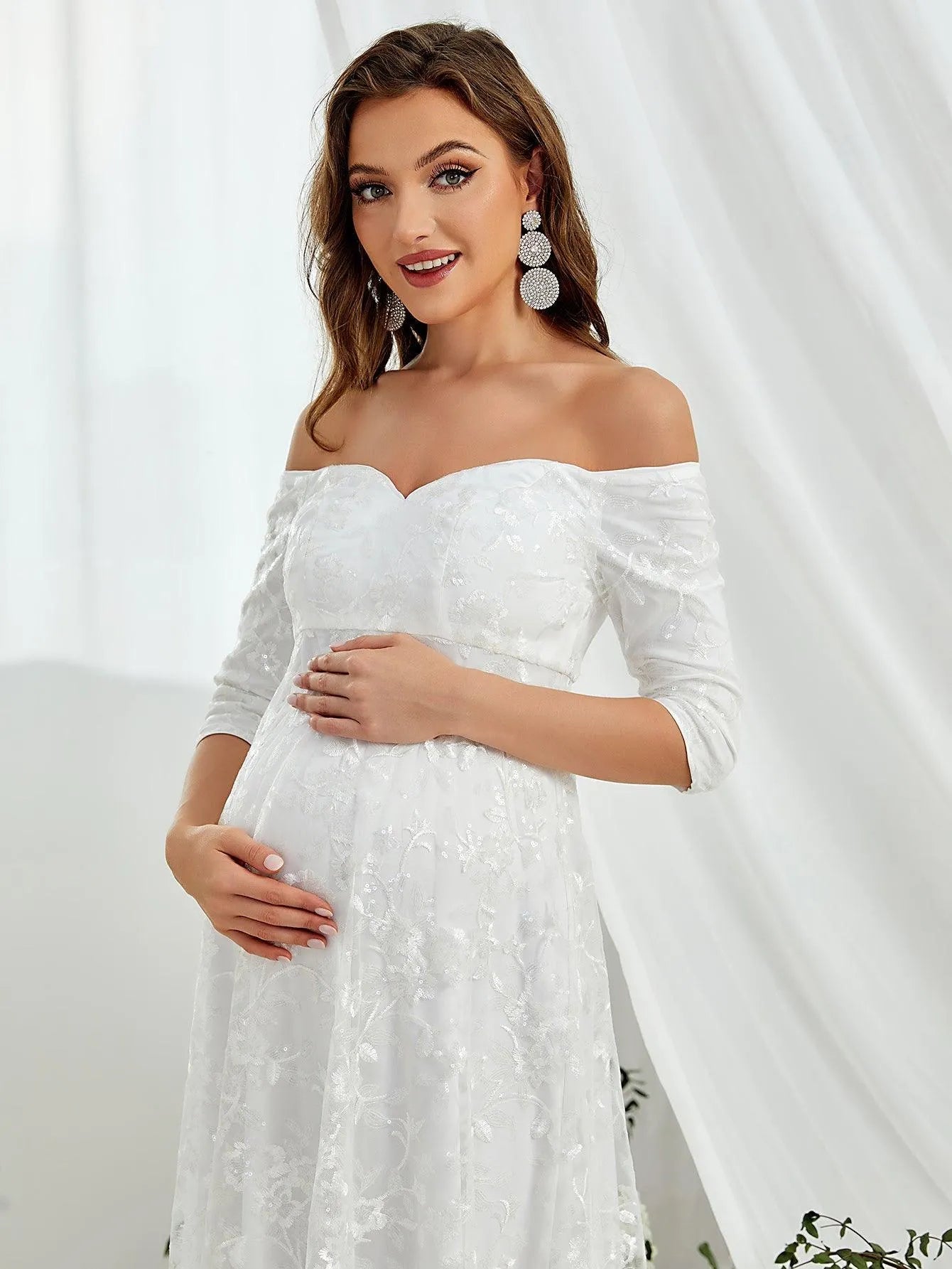 Maternity Off Shoulder Embroidered Mesh Wedding Dress - Elonnashop