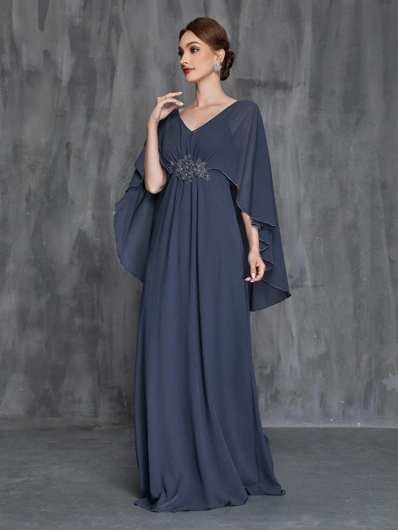 Womens' Applique Detail V Neck Chiffon Cape Dress - Elonnashop