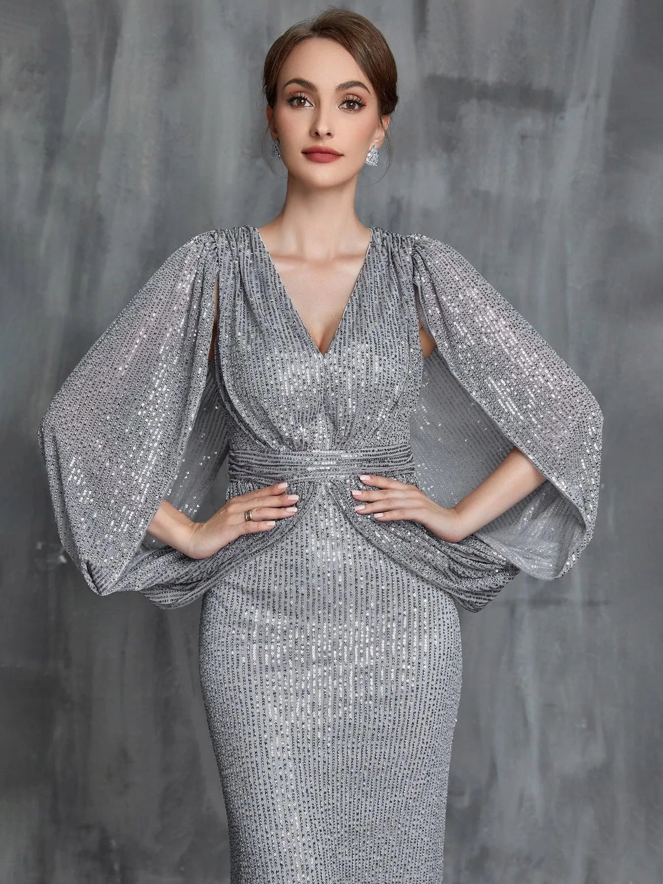 Womens' Split Sleeve Sequin Mermaid Hem Formal Dress - Elonnashop