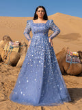 Plus Gorgeous Square Collar Long Sleeves Beaded Sequin Formal Dress