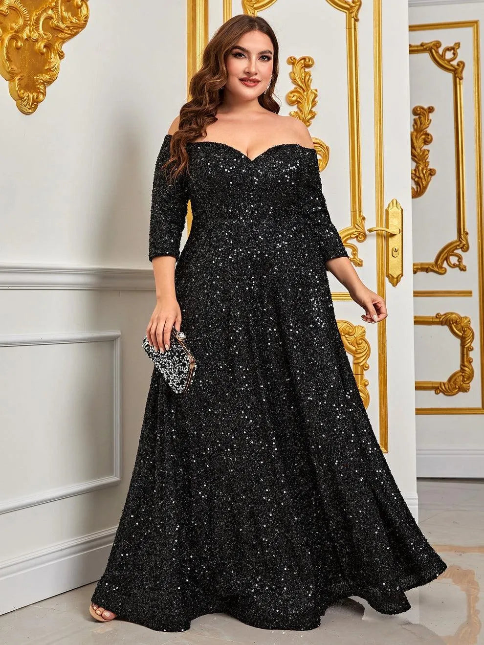 Plus Off Shoulder 3/4 Sleeves Sequin A Line Dress - Elonnashop