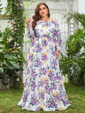 Plus Off Shoulder Long Sleeves Floral Chiffon Dress - Elonnashop