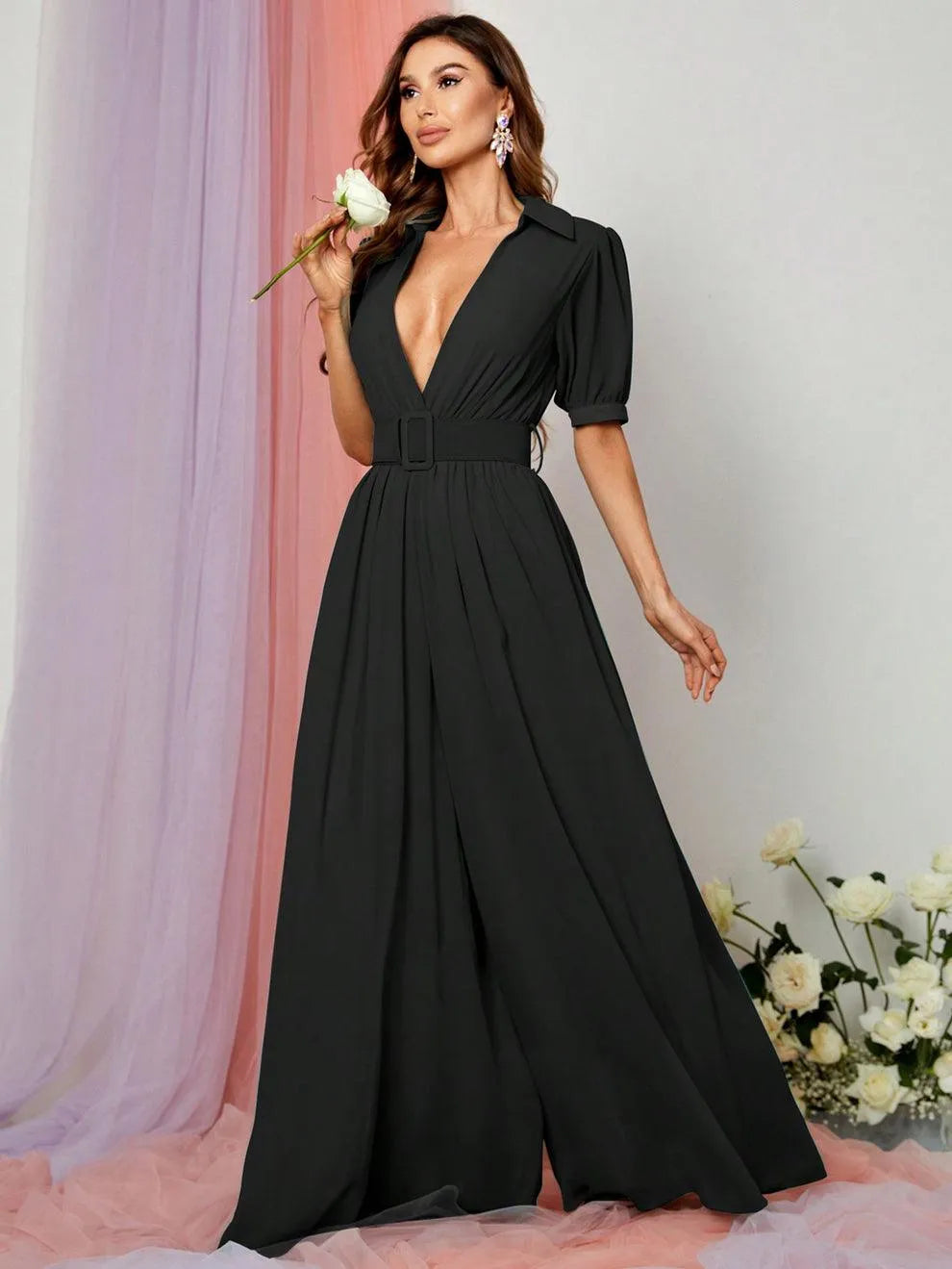 Plunging Neck Puff Sleeves Wide Leg Jumpsuit - Elonnashop