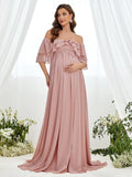 Maternity Off Shoulder Ruched Bust Layered Sleeves Chiffon Dress - Elonnashop