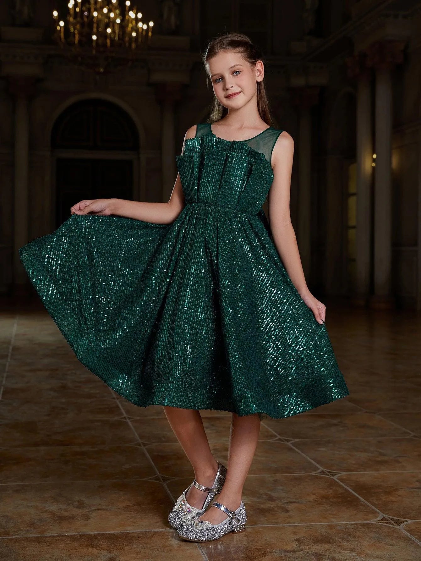 Tween Girls' Pleated Front Sleeveless Sequin Party Dresses - Elonnashop