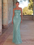 Elegant Strapless Mermaid Evening Gown with Beaded Embroidery | Back Lace-Up Detail | Floor-Length Formal Dress for Galas, Weddings & Red Carpets