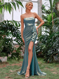 Elegant Ruffle Trim Split Metallic Tube Dress - Elonnashop