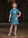 Tween Girls' Round Neck Short Sleeves Sequin Dress - Elonnashop