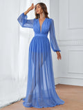 Plunging Neck Lantern Sleeve Floor Length A Line Dress - Elonnashop