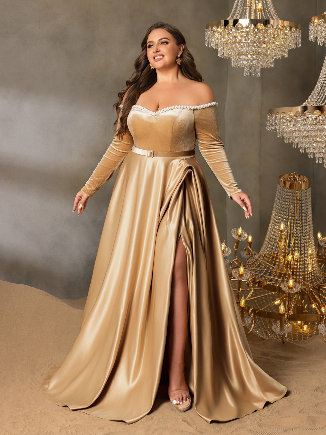 Plus Women's Pearl Accented Off-The-Shoulder Formal Gown | Long Sleeves | Defined Waist Belt | Full Flared Skirt
