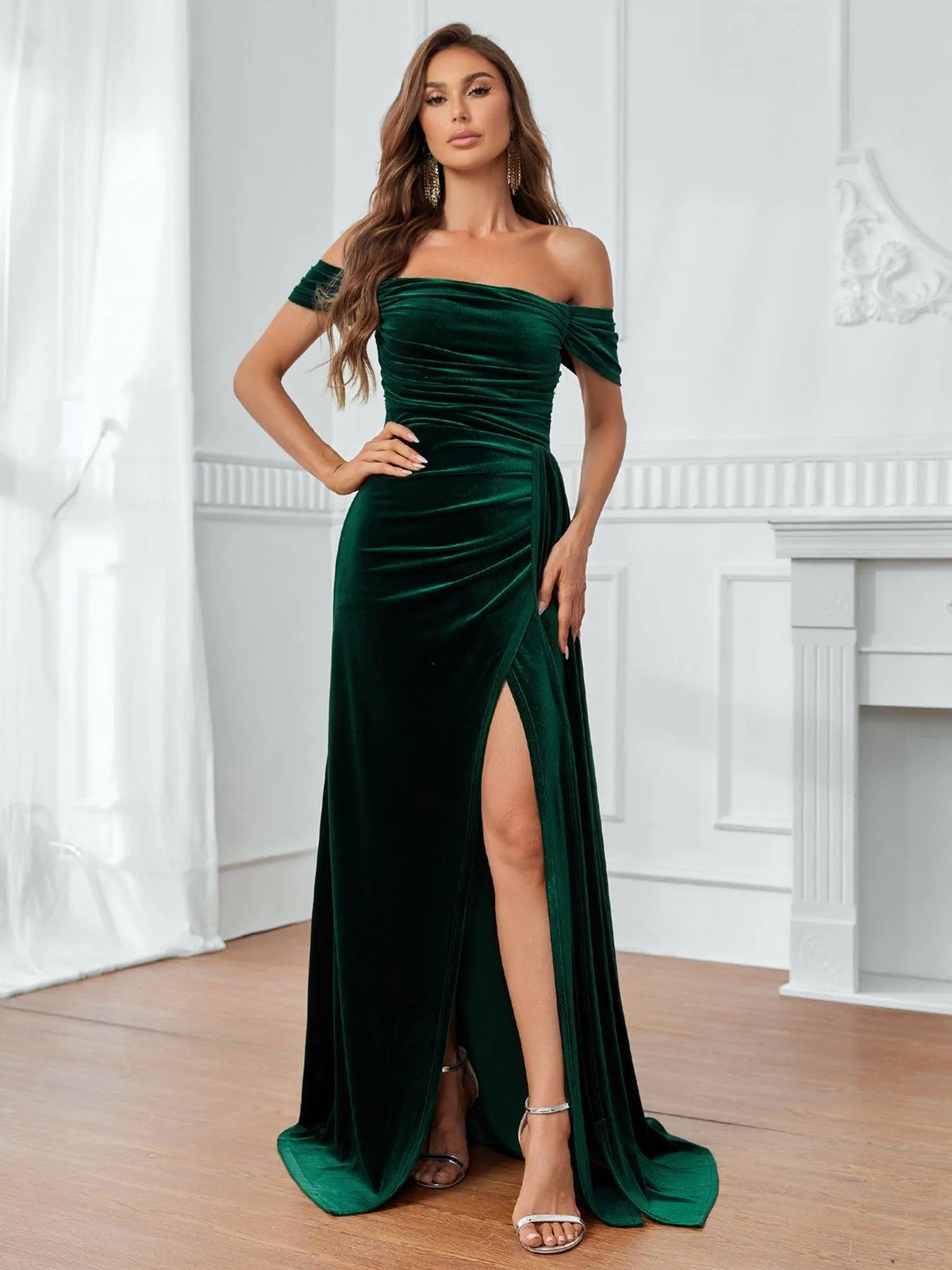 Off Shoulder Ruched Front Draped Side Velvet Party Dress - Elonnashop