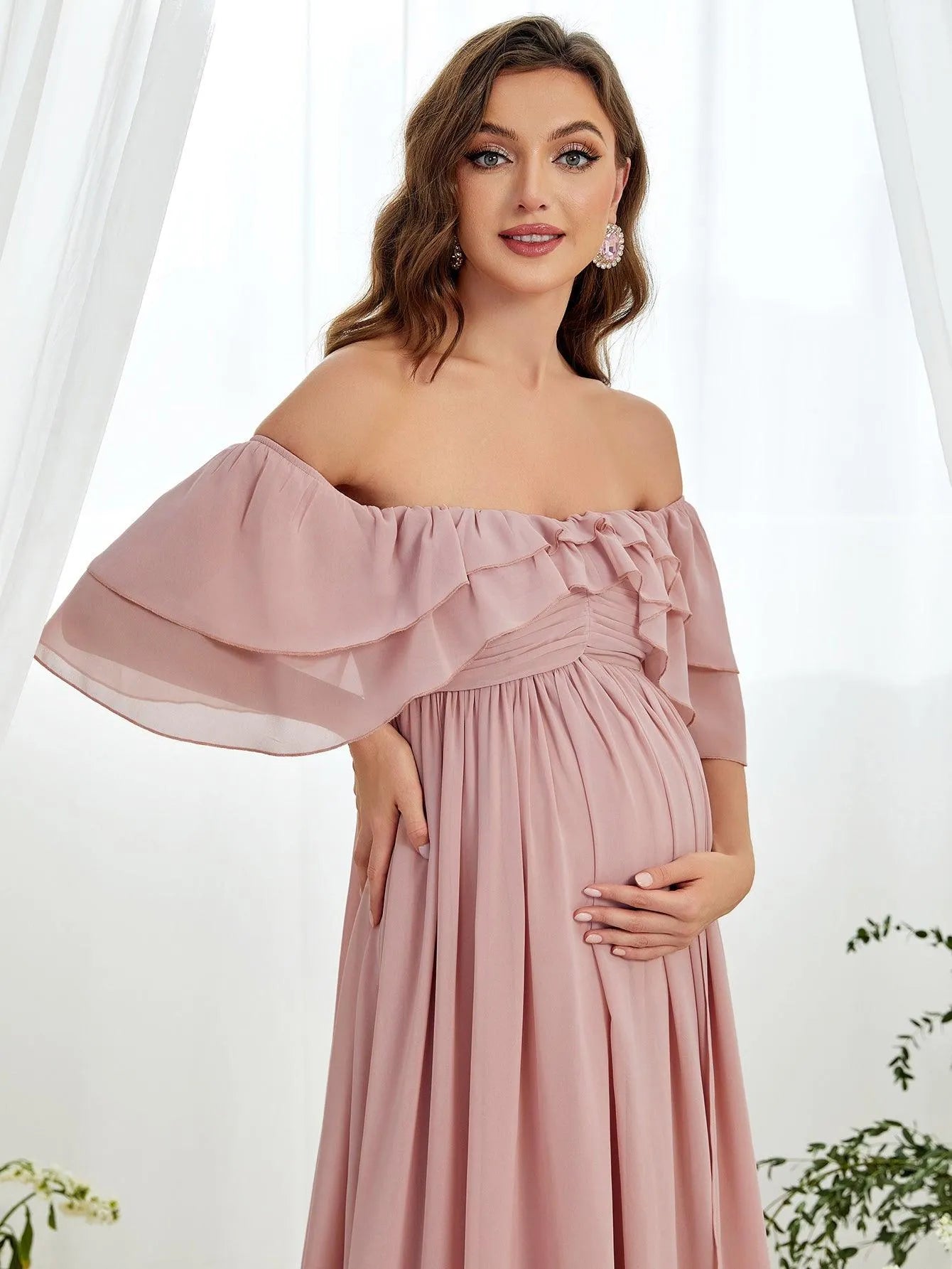 Maternity Off Shoulder Ruched Bust Layered Sleeves Chiffon Dress - Elonnashop