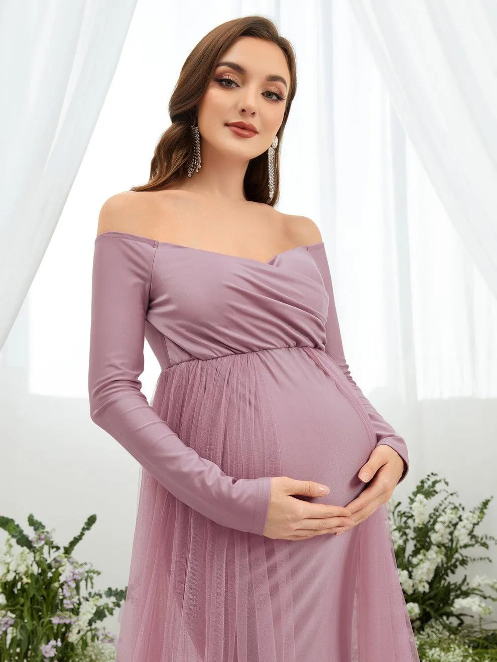 Maternity Off Shoulder Contrast Mesh Mermaid Dress - Elonnashop