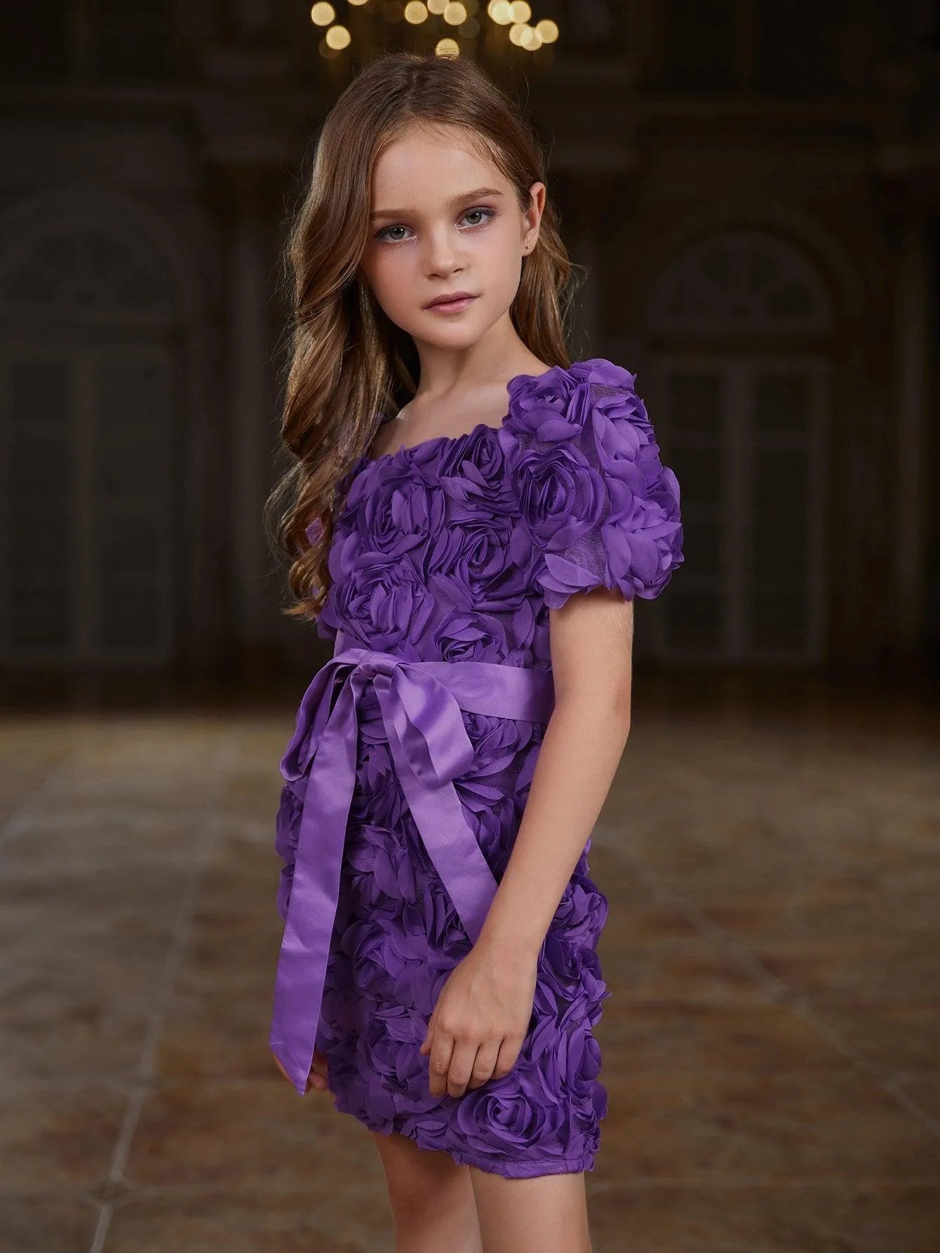 Tween Girls' Square Neck Short Sleeve Applique Dress - Elonnashop