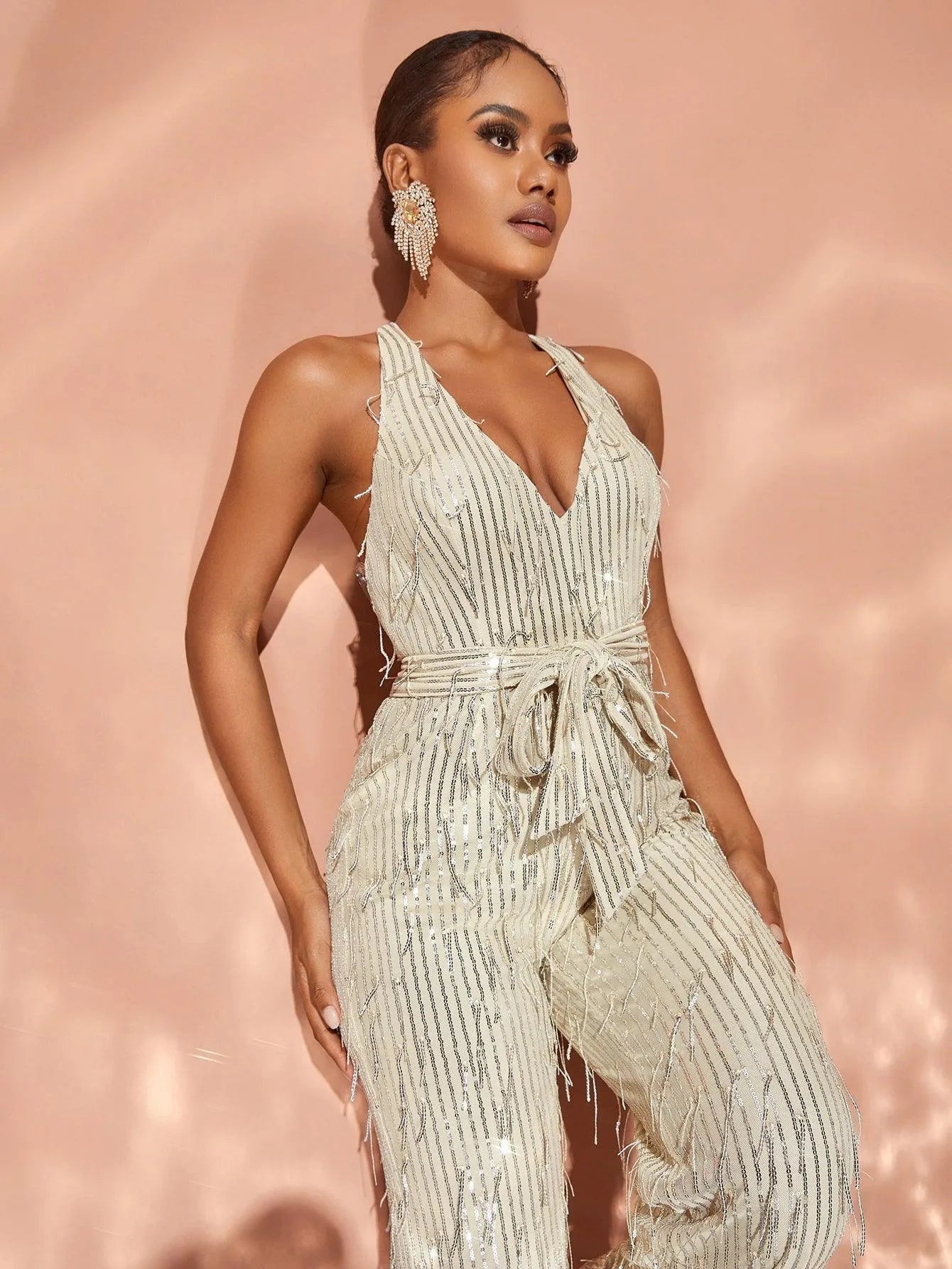 Chic Halter Neck Backless Sequin Belted Jumpsuit - Elonnashop