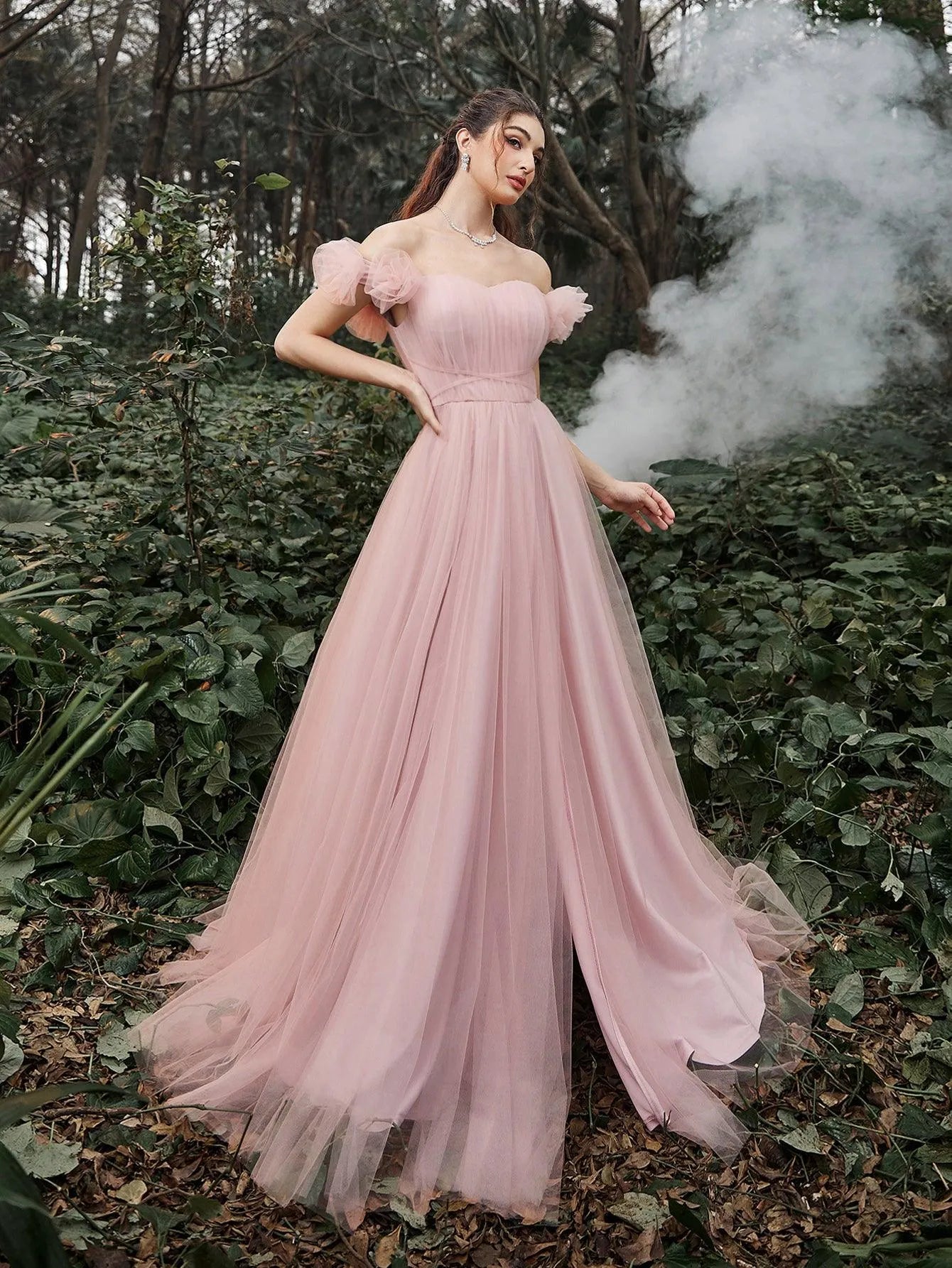 Elegant Off Shoulder Ruched Bust Split Thigh Tulle Evening Dress - Elonnashop