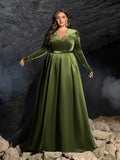 Plus-V-Ausschnitt-Langarmkleid aus Satin in A-Linie mit Gürtel 