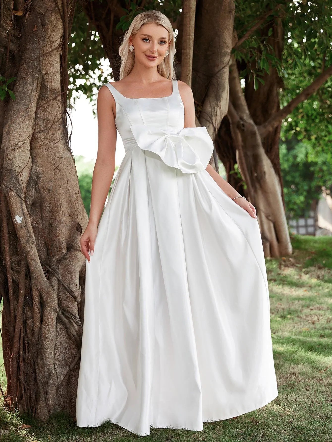 Bow Front Square Neck Sleeveless Satin Wedding Dresses - Elonnashop