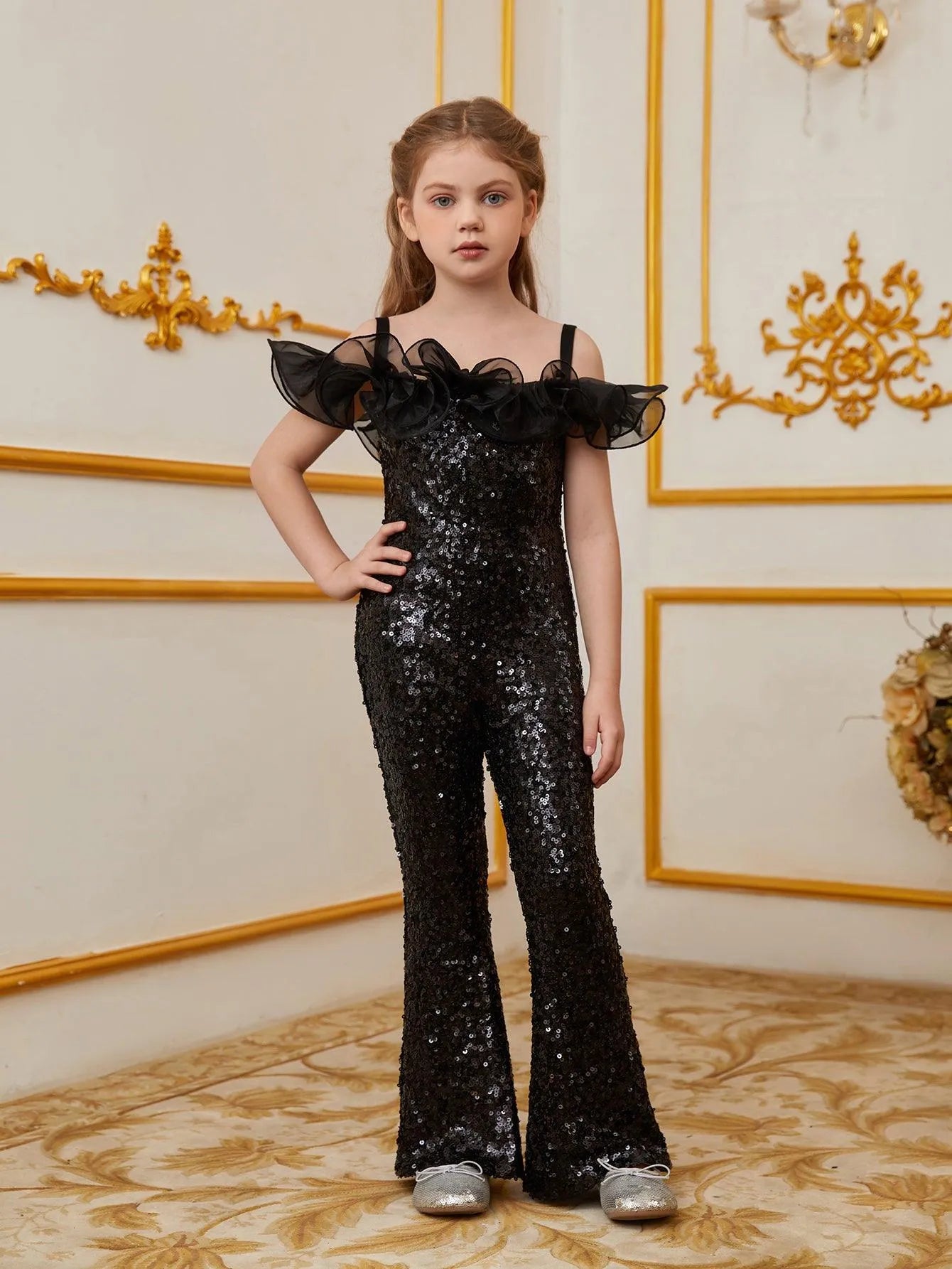 Tween Girls' Off Shoulder Sequin Party Jumpsuit - Elonnashop