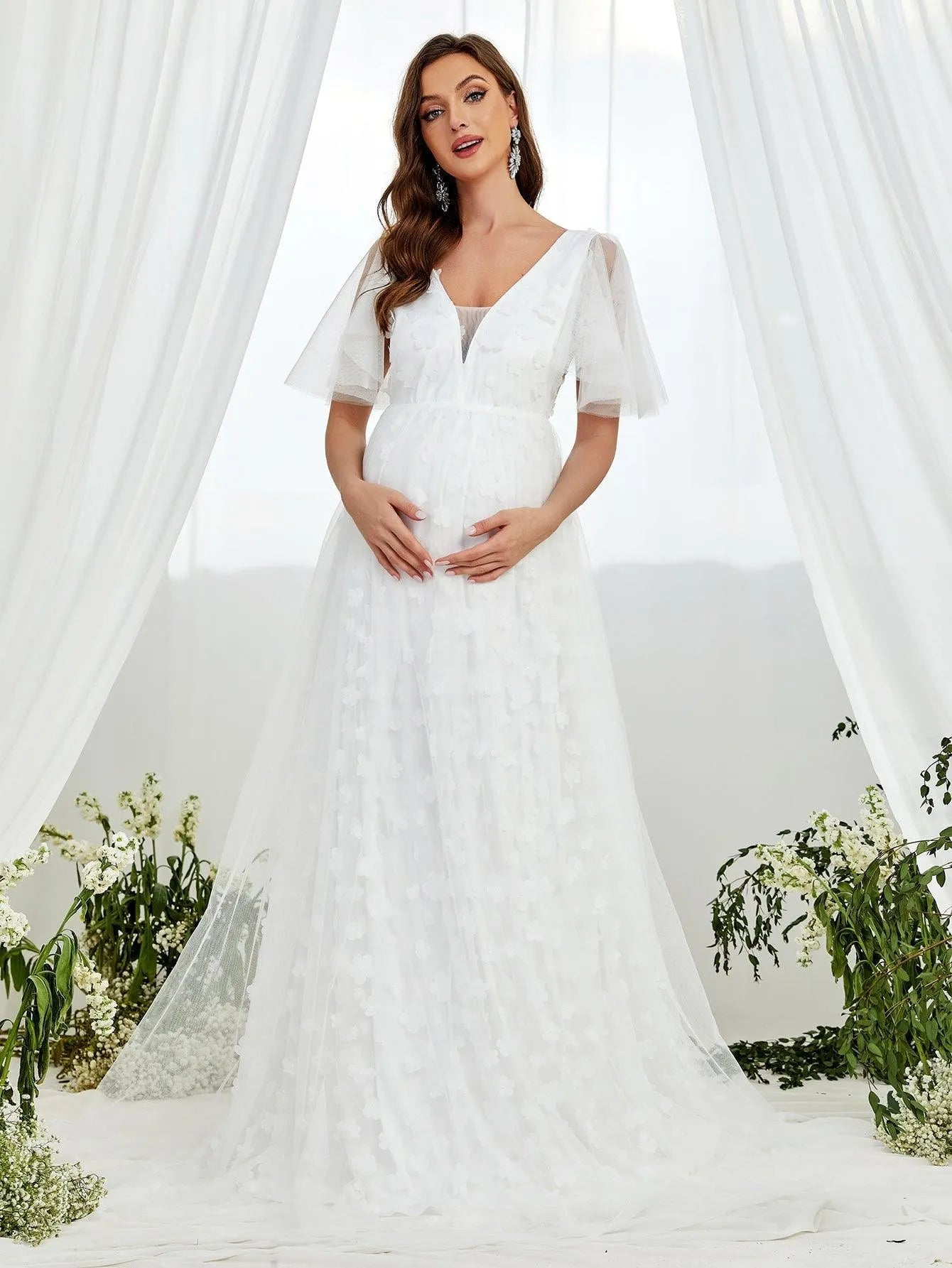 Maternity Butterfly Sleeve Floral Applique Mesh Wedding Dress - Elonnashop