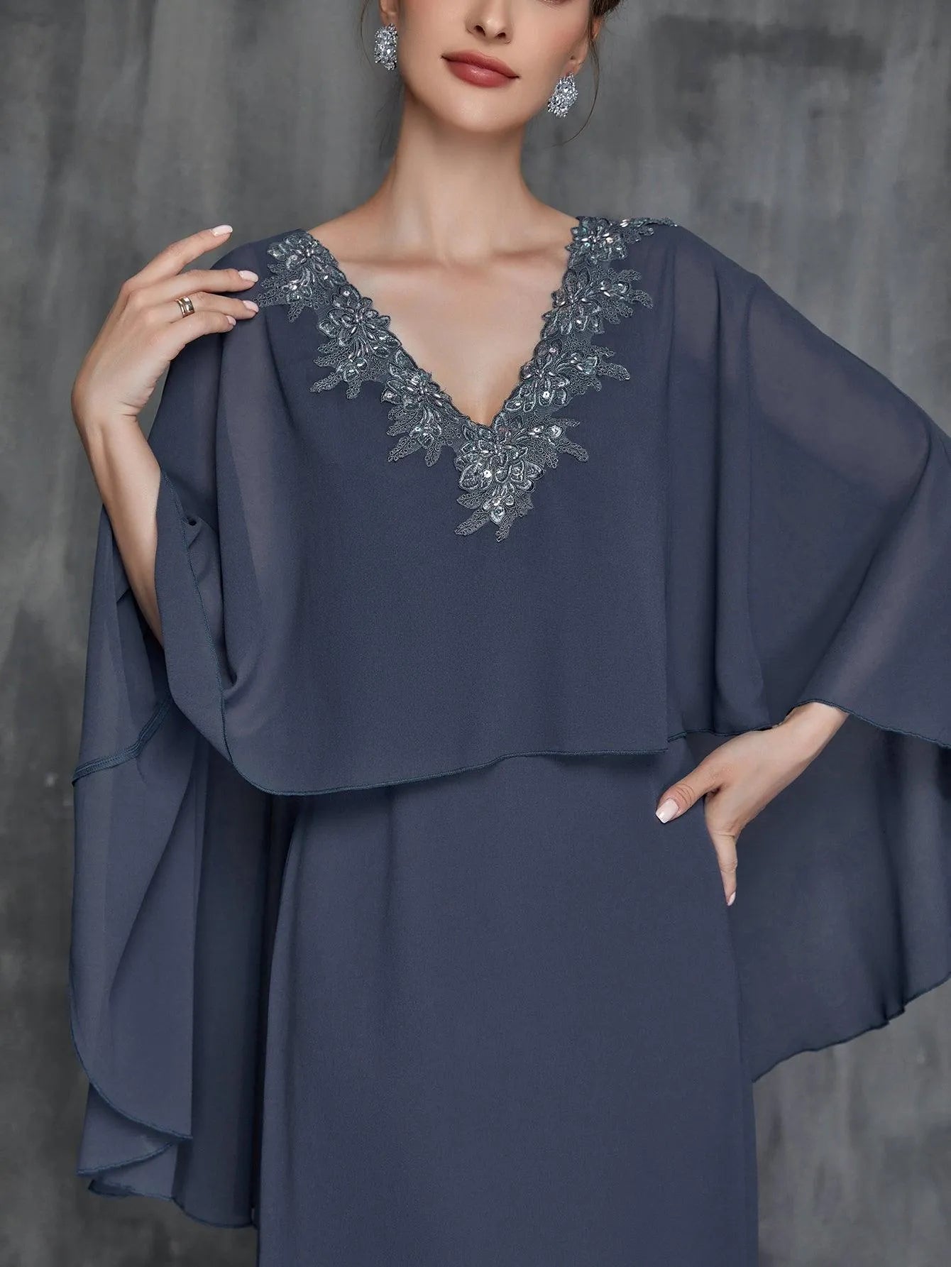 Womens' Solid Applique Detail V Neck Chiffon Cape Dress - Elonnashop