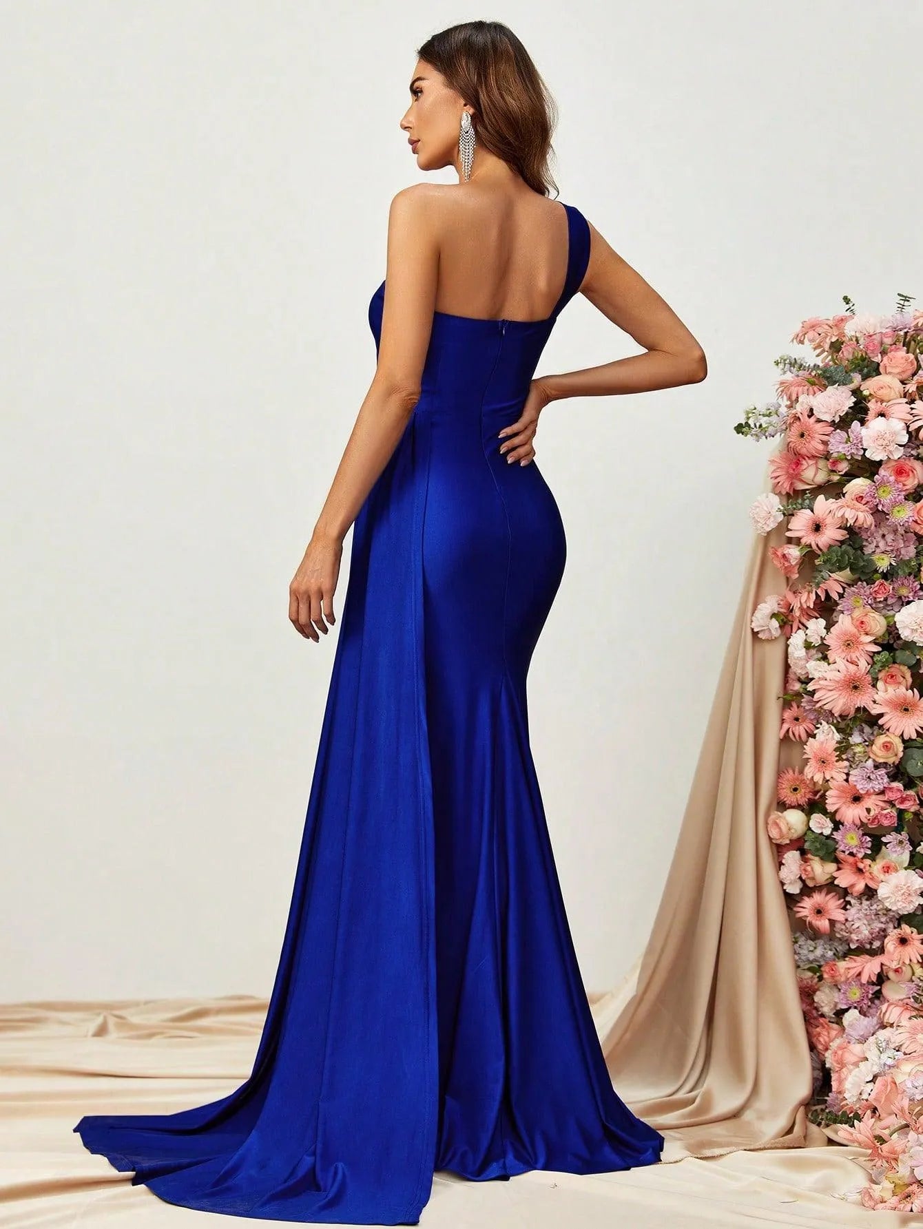 One Shoulder Draped Side Split Thigh Formal Dress - Elonnashop