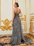 Elegant Strapless Draped Side Mermaid Hem Sequin Evening Dress