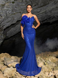 Elegant Feather Accent Strapless Mermaid Gown with Lace-Up Back