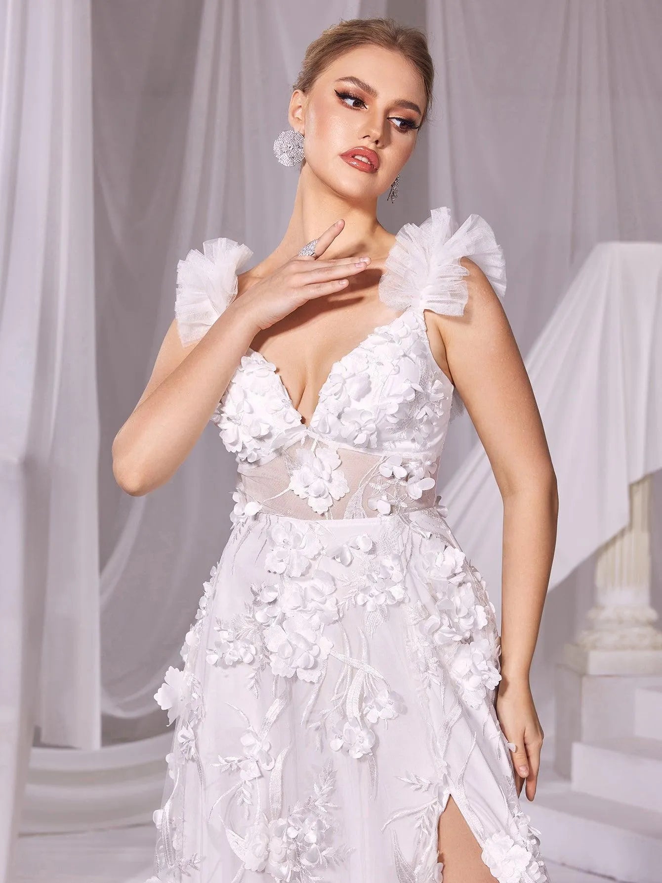 Floral Applique Plunging Neck Split Mesh Wedding Dress - Elonnashop