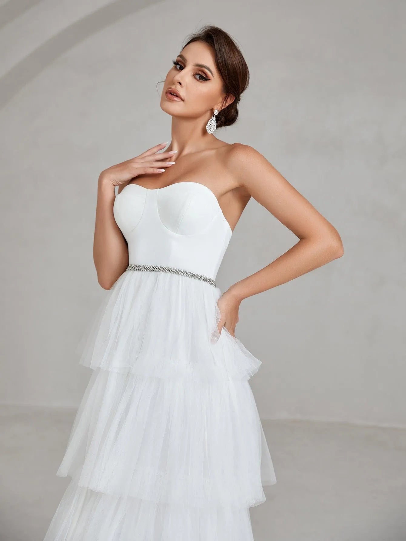 Rhinestone Waistband Mesh Layered Hem Tube Wedding Dress - Elonnashop