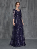 Womens' 3/4 Sleeves Floral Sequin Pattern Formal Dress - Elonnashop