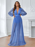 Plunging Neck Lantern Sleeve Floor Length A Line Dress - Elonnashop