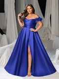 Plus Off-Shoulder Evening Gown with 3D Floral Appliqué | High Thigh Slit & Laced Back