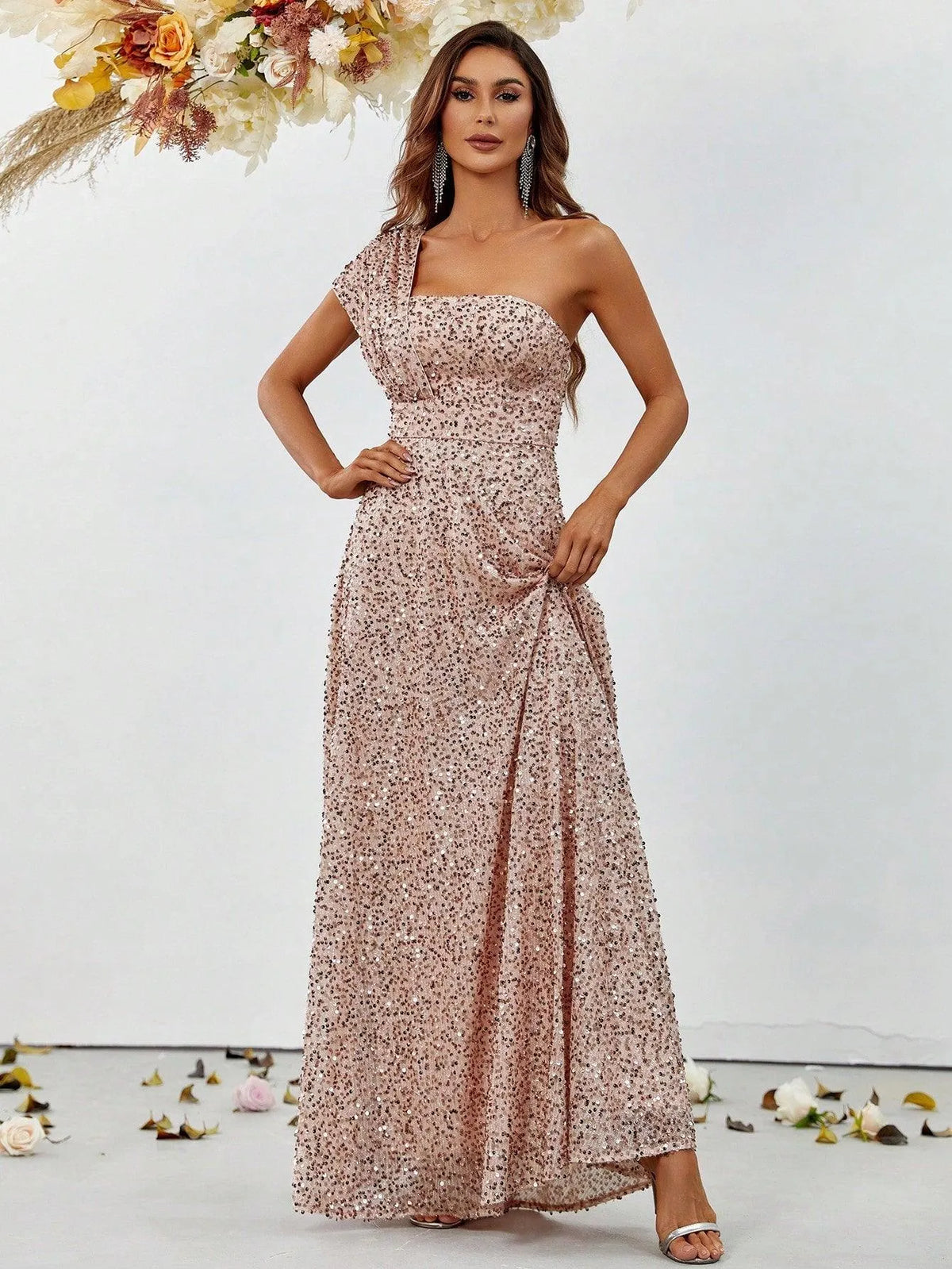 Elegant One Shoulder Sequin A Line Dresses - Elonnashop