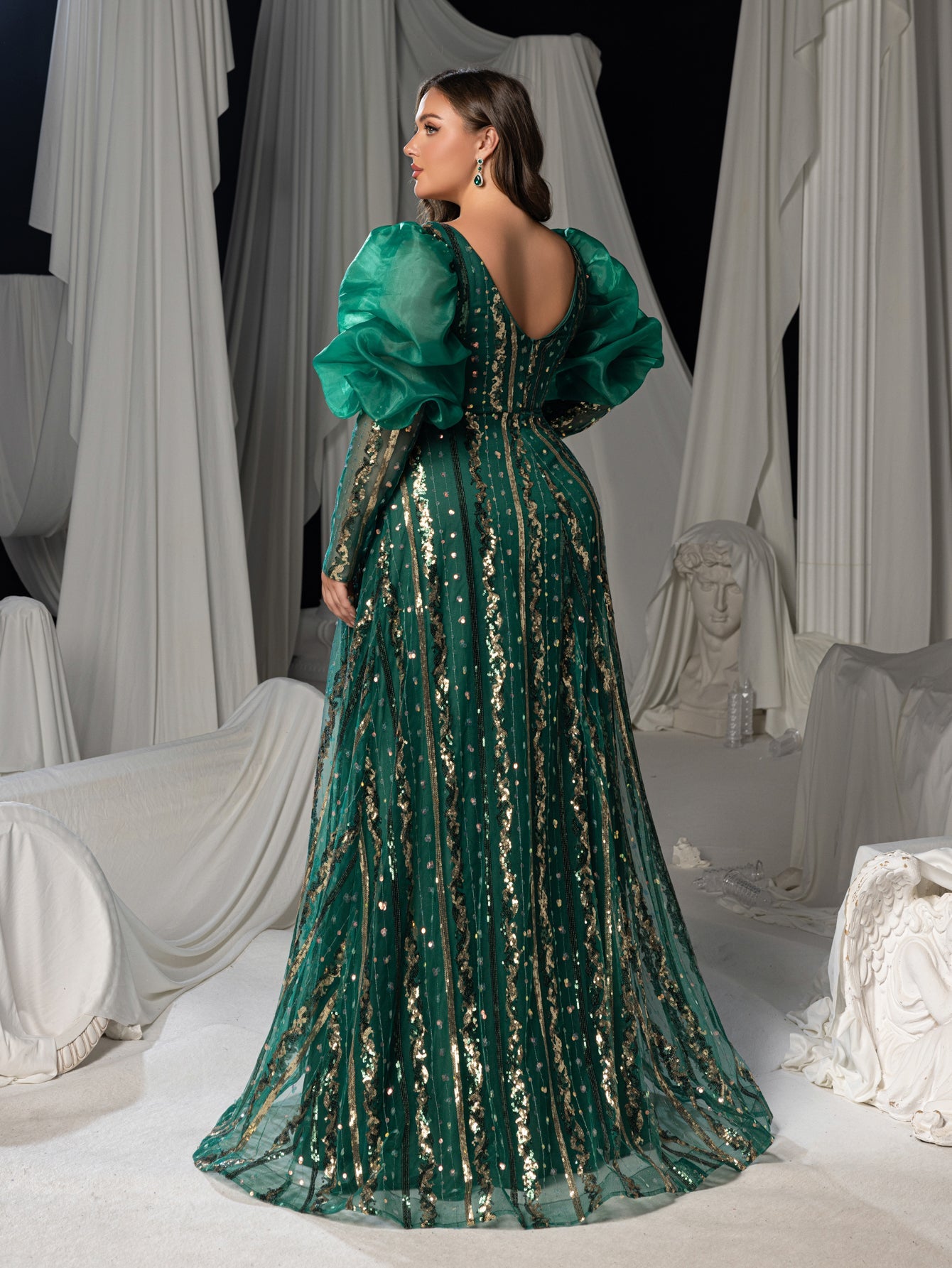 Plus Luxury Plunging Neck Backless Gigot Sleeves Maxi Prom Dress