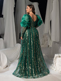 Plus Luxury Plunging Neck Backless Gigot Sleeves Maxi Prom Dress