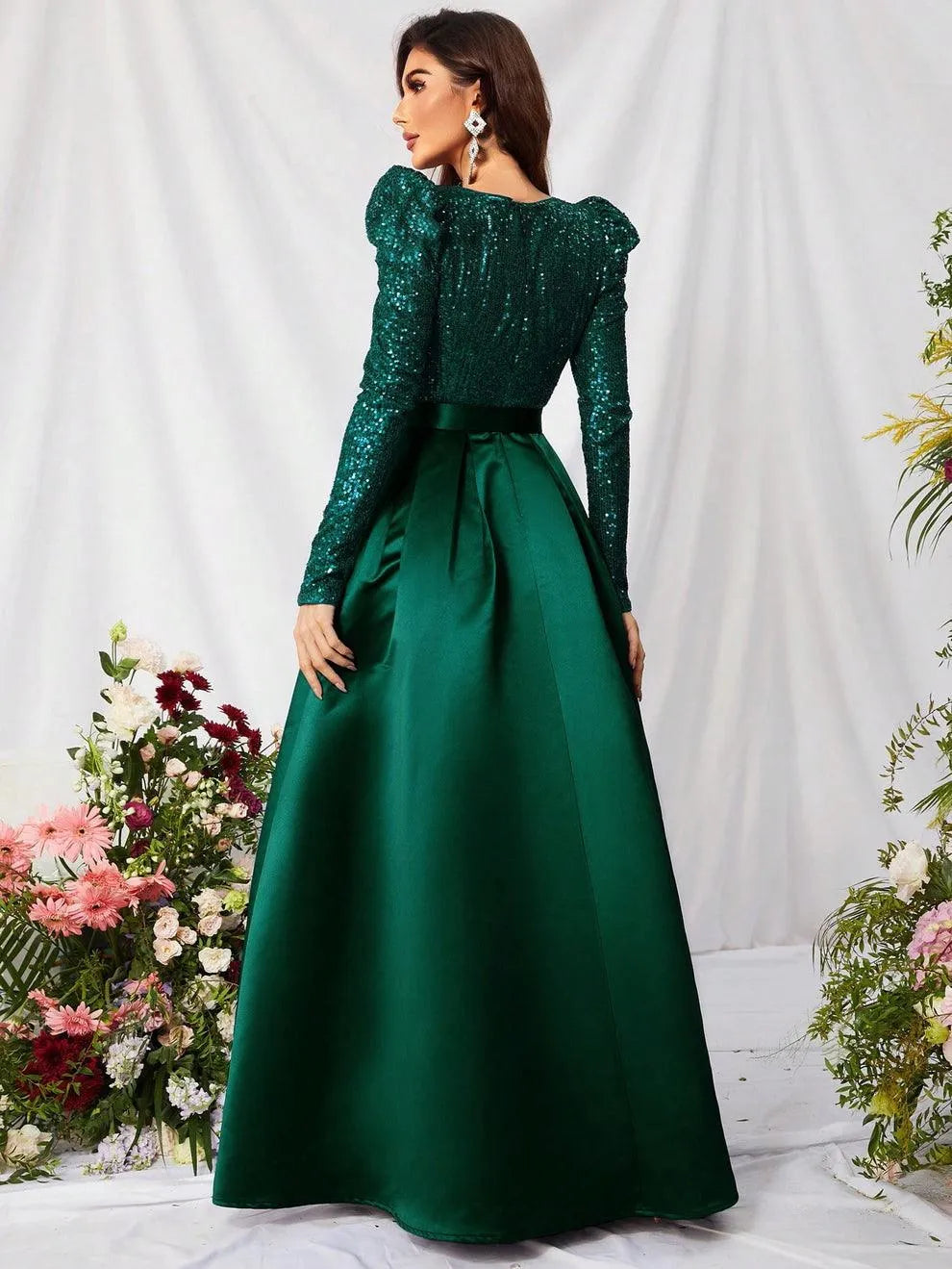 Elegant V Neck Gigot Sleeve Slit A Line Prom Dress - Elonnashop