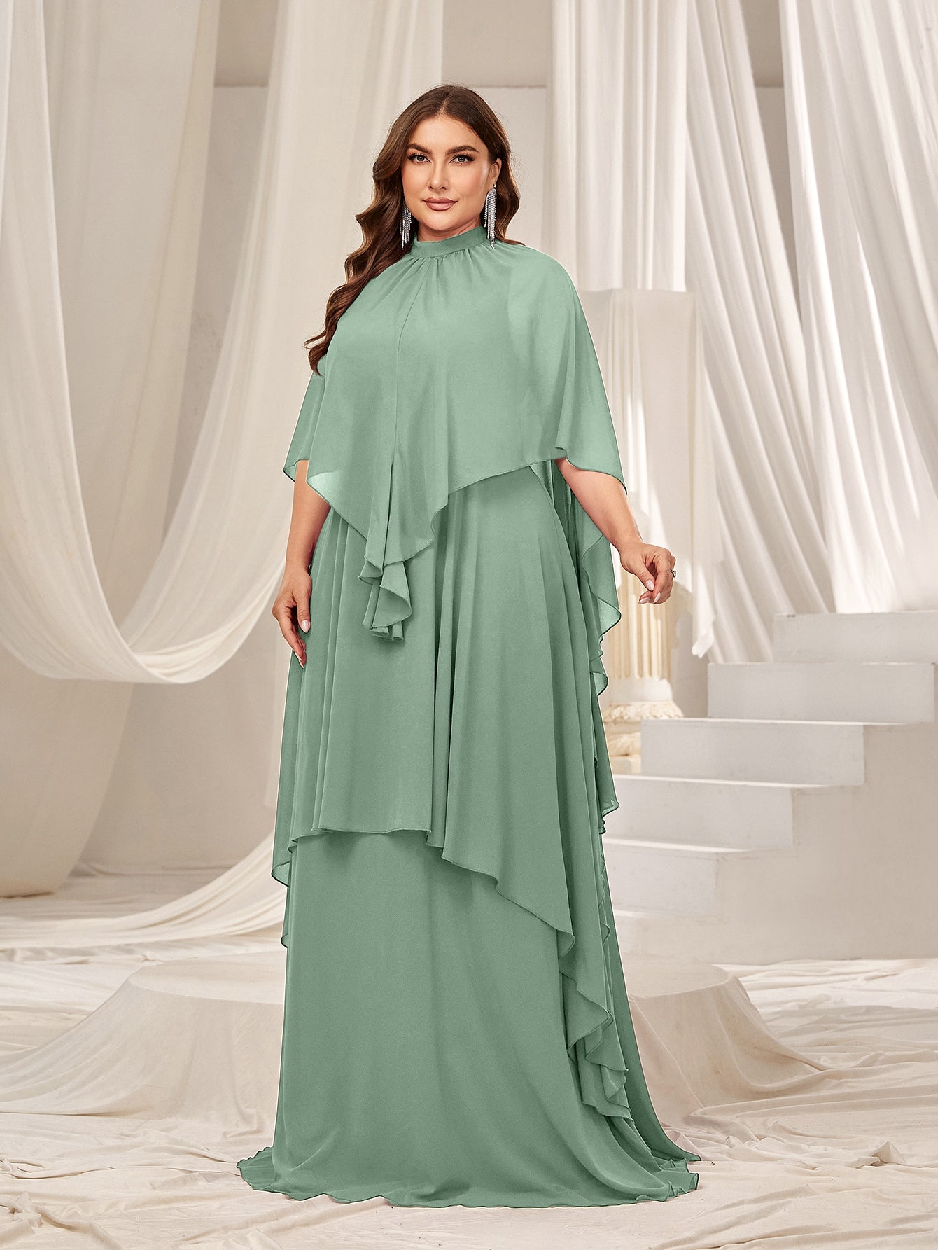 Plus Mock Neck Layered Hem Chiffon Evening Dress