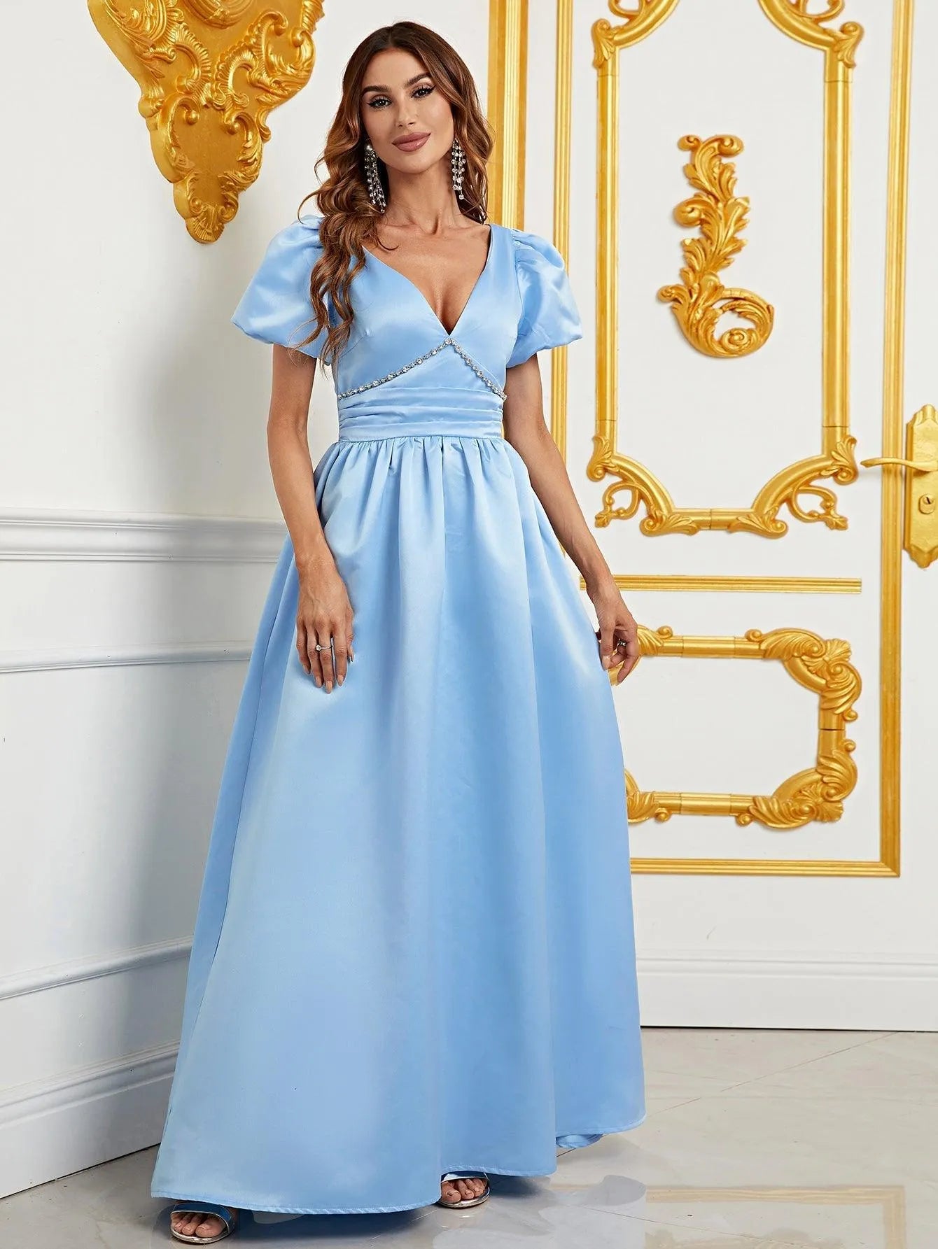 Elegant Puff Sleeves Rhinestone Detail Satin A Line Dress - Elonnashop