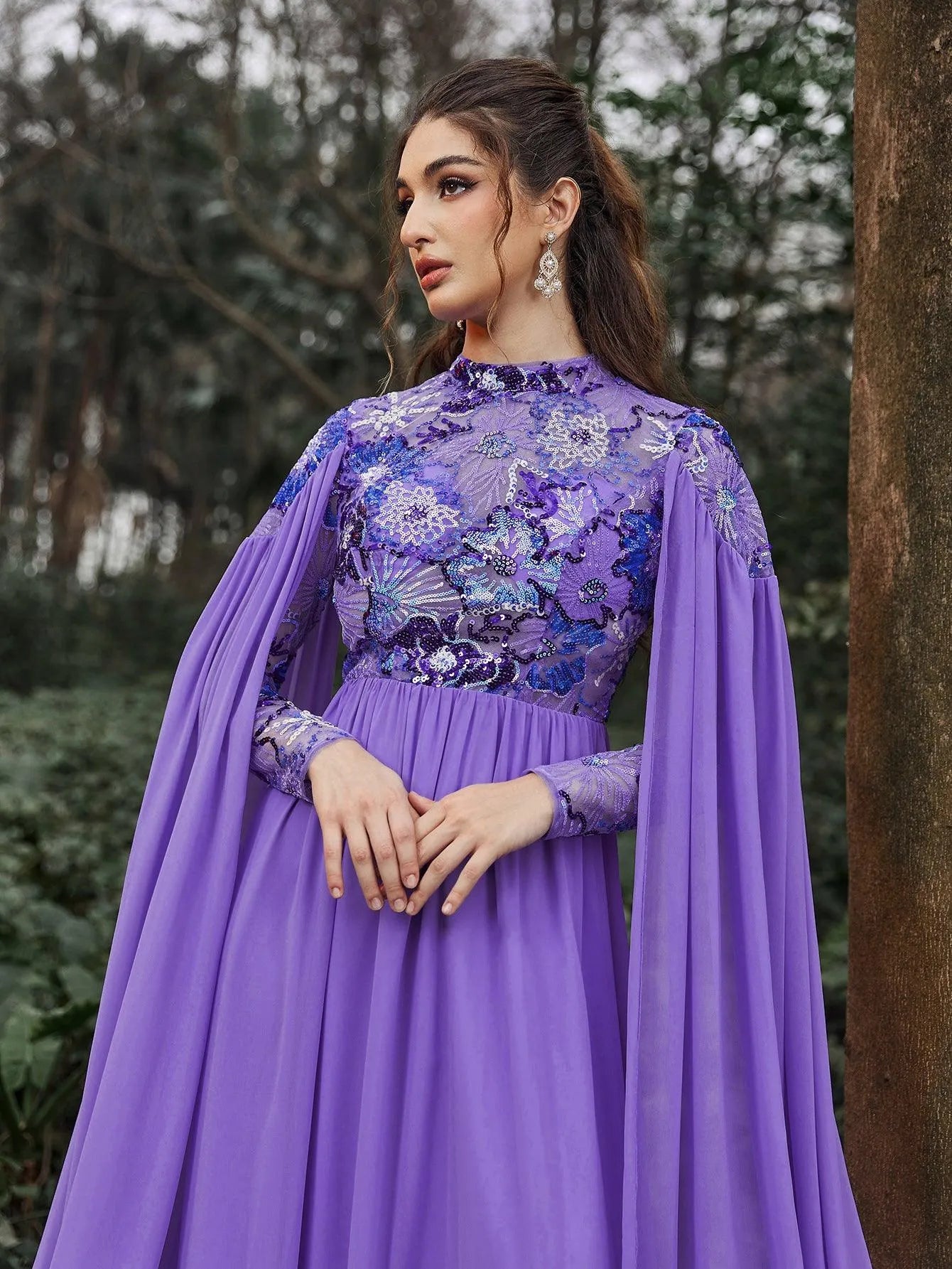 Mock Neck Cloak Sleeves Contrast Floral Sequin Prom Dress - Elonnashop