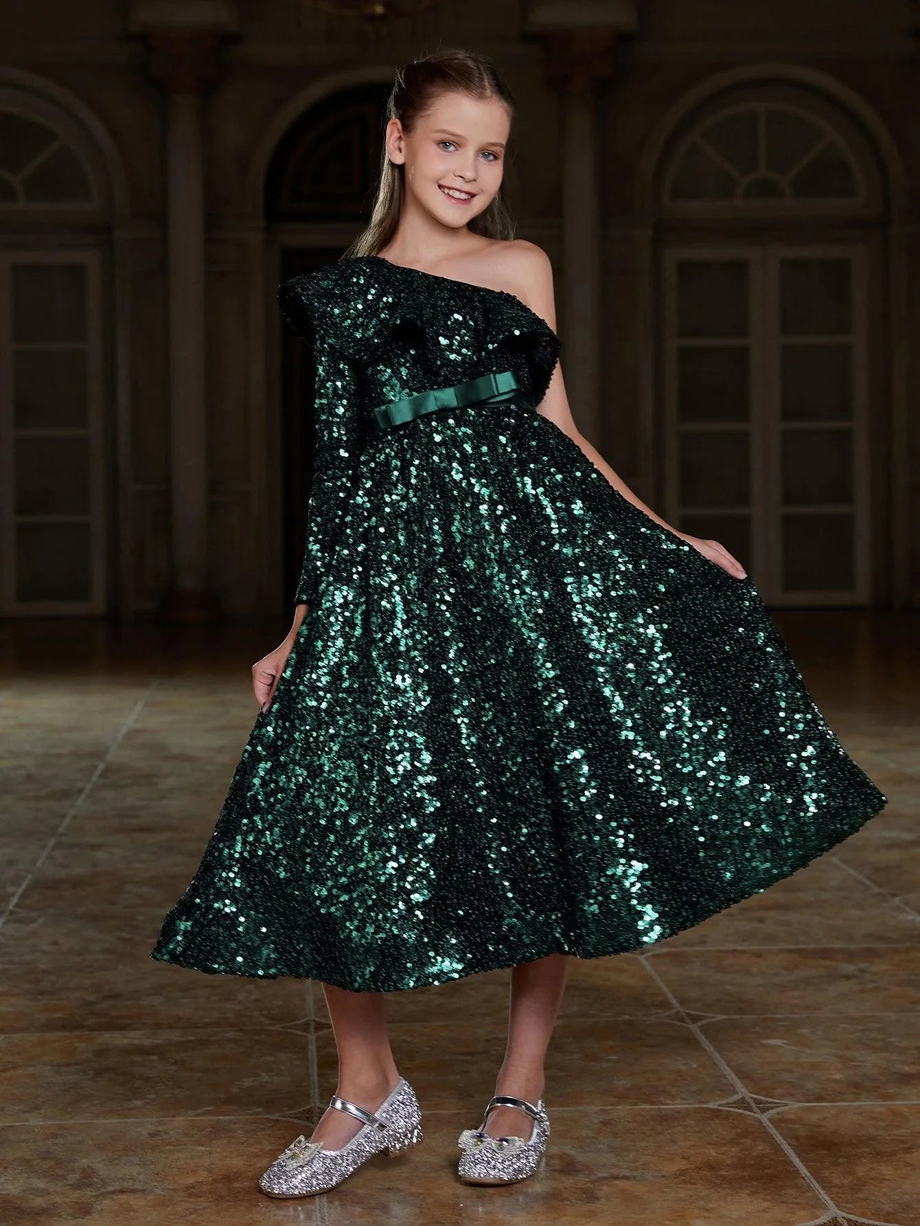 Tween Girls' One Shoulder Ruffle Trim Sequin Party Dress - Elonnashop