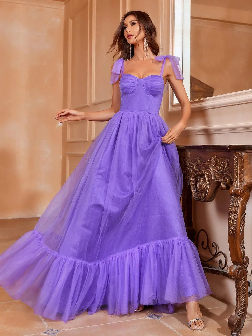 Tie Shoulder Ruffle Hem Mesh Prom Dress - Elonnashop