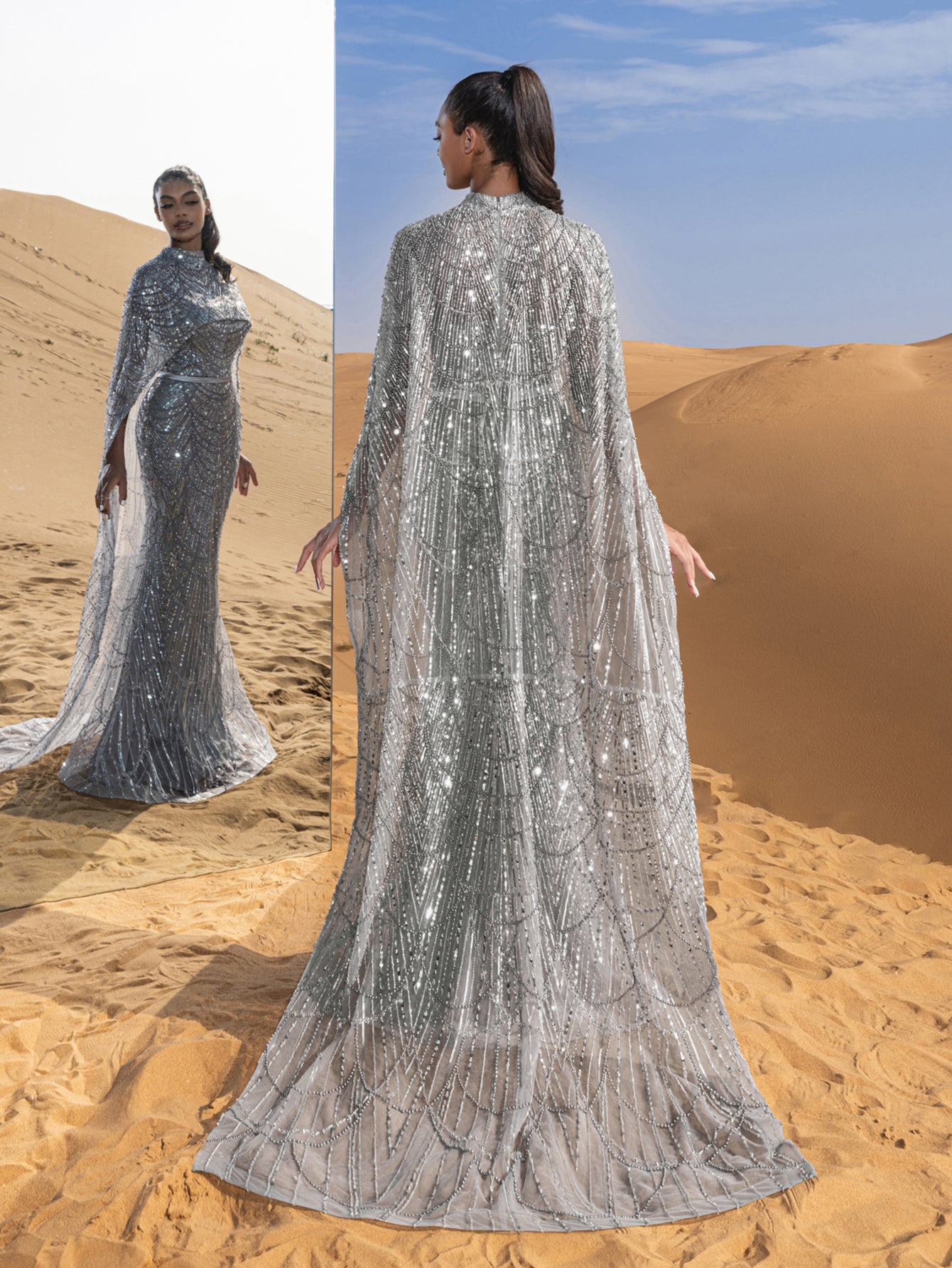 Luxury Gorgeous Mock Neck Mermaid Hem Beaded Sequin Cape Dress